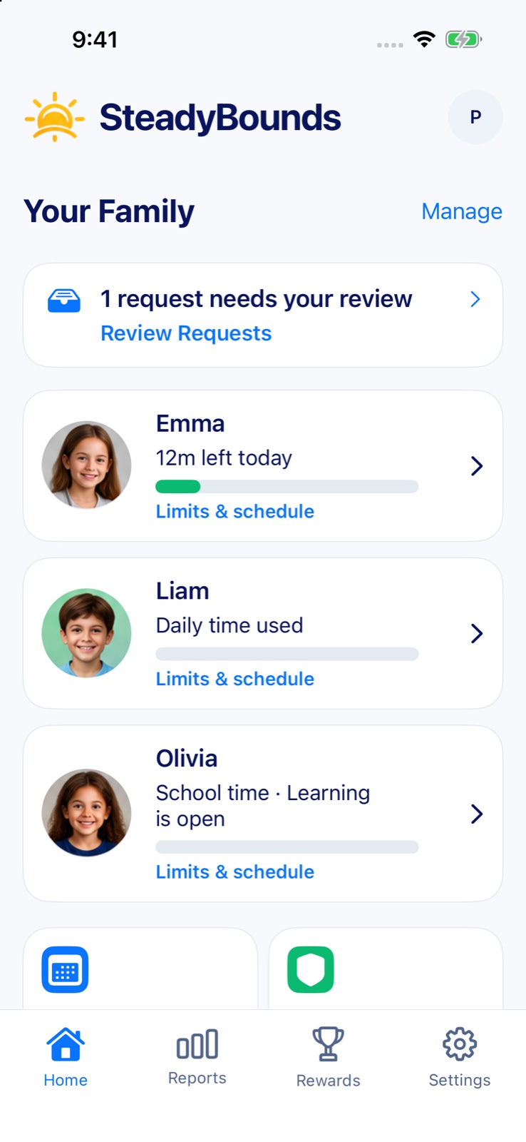 Parent Home screen: Your Family with each child's time left and a request waiting for review.