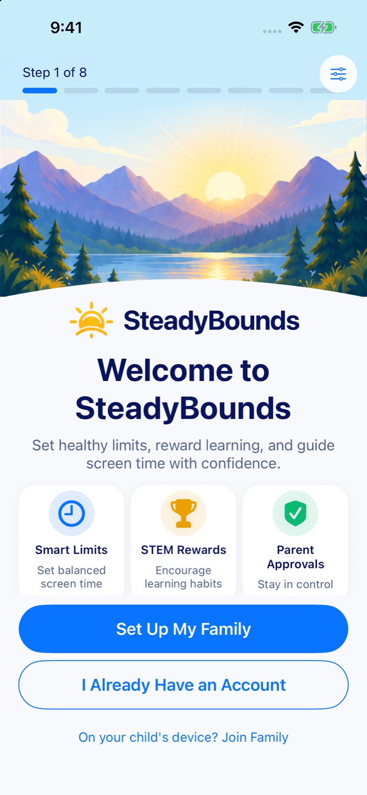 SteadyBounds welcome screen with Set Up My Family.